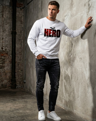 The Batman 'HERO' Graphic White Sweatshirt – DC Comics Movie Inspired Crewneck Pullover