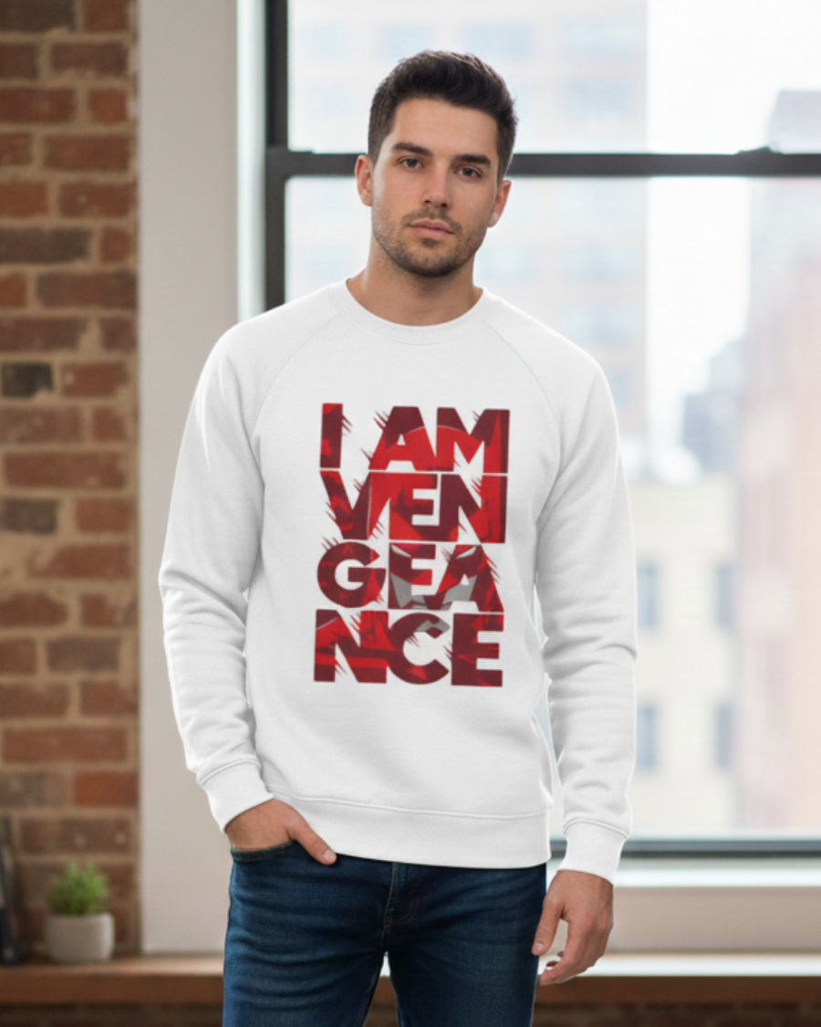 "I AM VENGEANCE" Statement Sweatshirt - Bold Graphic Crewneck for Fans of Dark Heroes