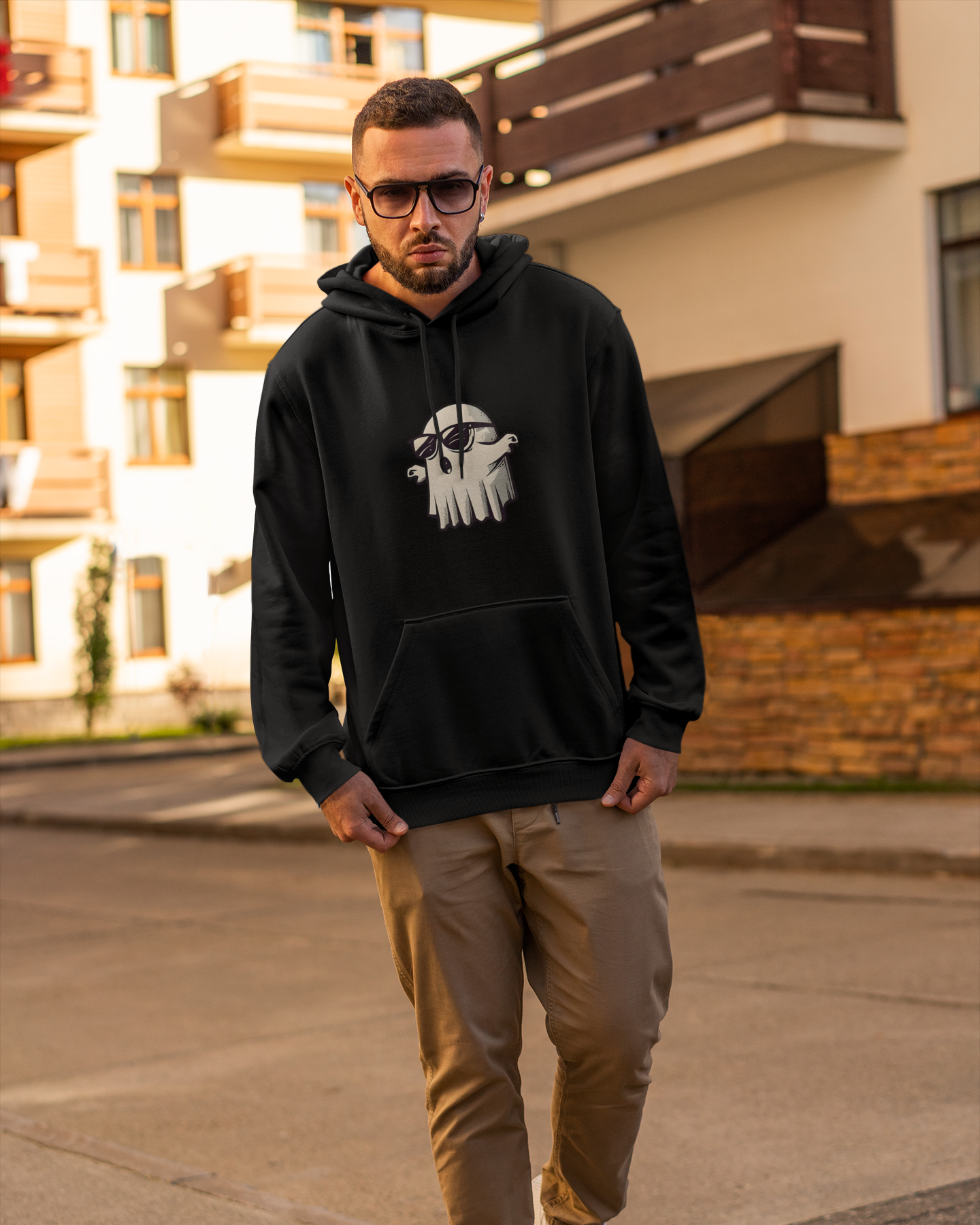 Cool Ghost Hoodie – Black Streetwear Pullover with Sunglasses Ghost Graphic